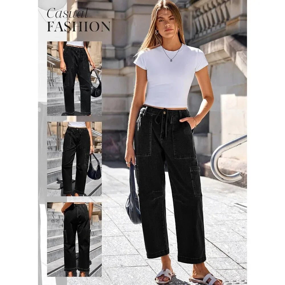 Women Jeans Cargo High Waist Wide Leg Cotton Pants Casual Daywear
